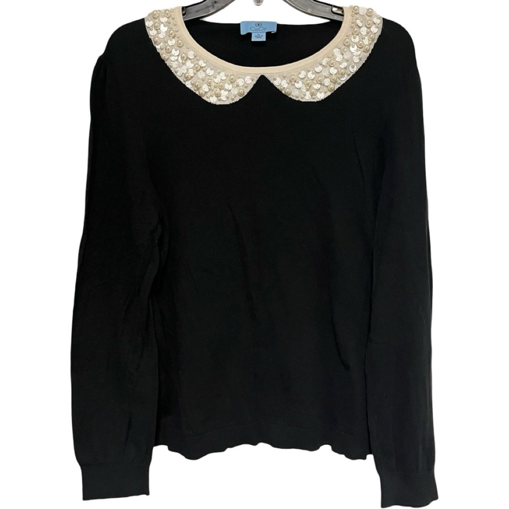 CeCe Black Sweater Pearl Sequin Embellished Peter Pan Collar Top Size XL